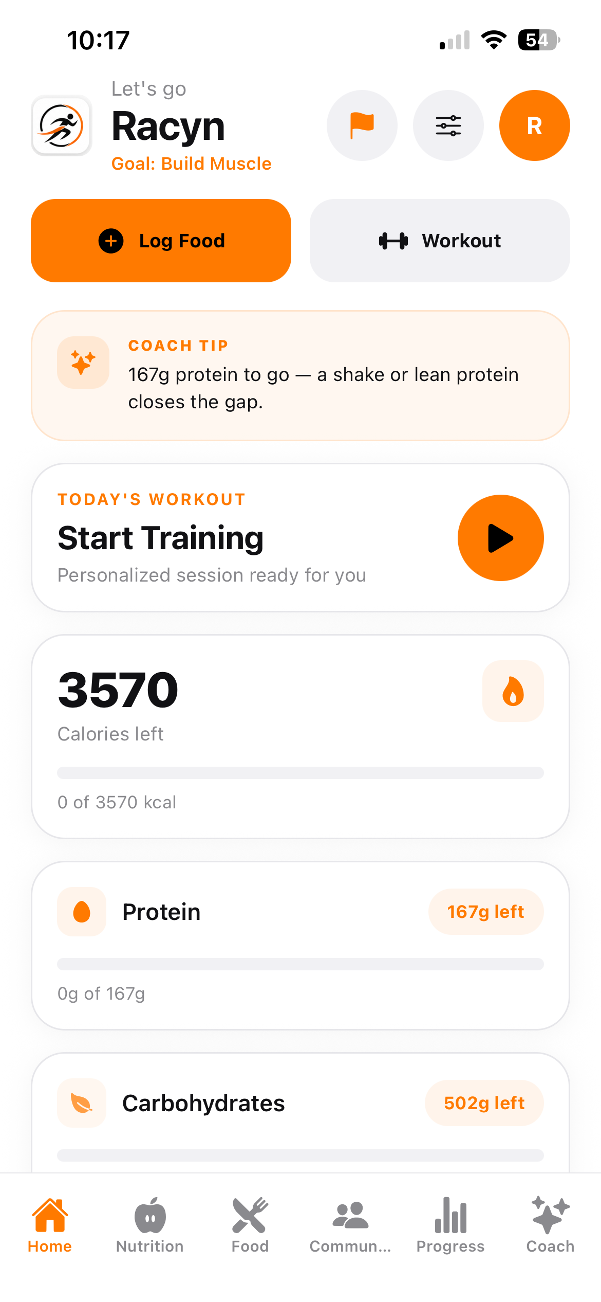 Actual StrideDex home screen showing workout and macro tracking