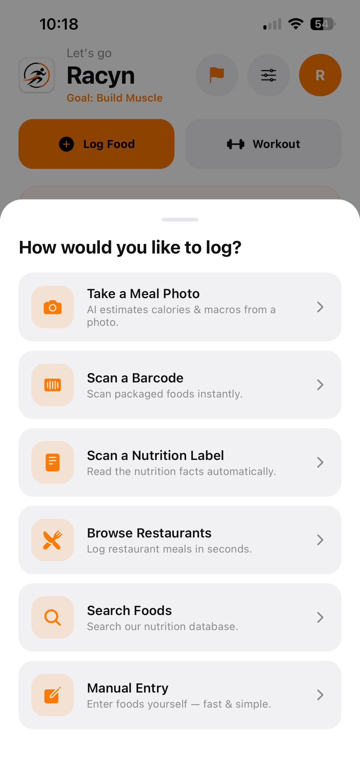 StrideDex food logging options