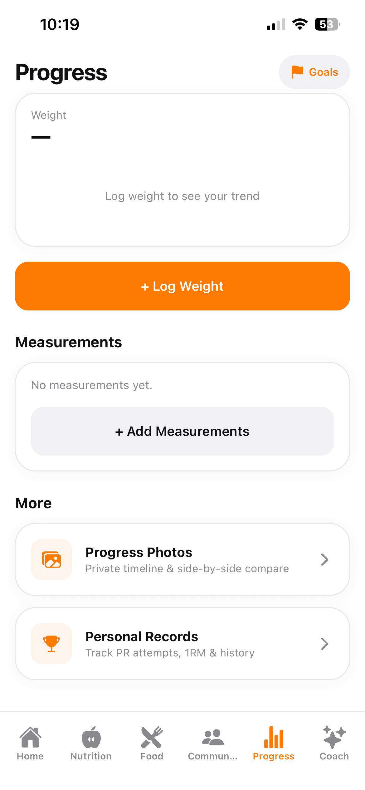 Actual StrideDex progress screen with weight, measurements, photos, and personal records